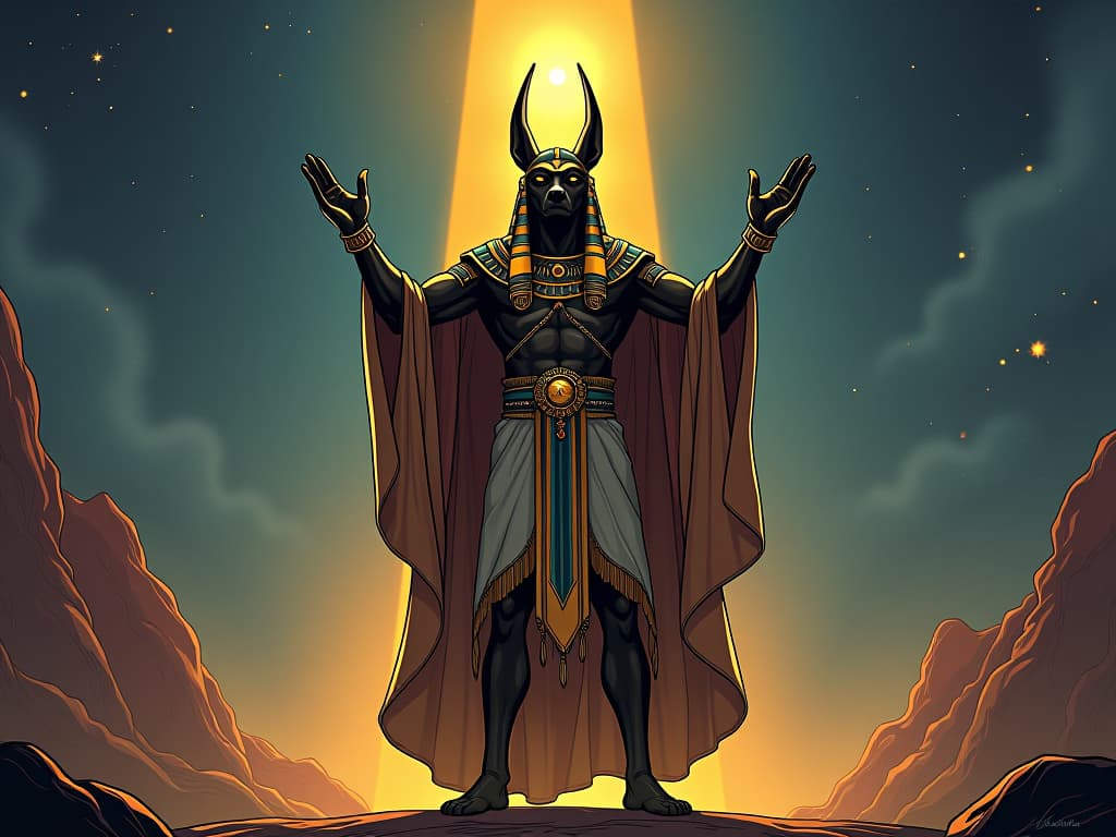  a dogon shaman, large busted and in form fitting ceremonial robes, standing at a star altar, hands raised to the sky, ambiance of profound celestial connection. the style is digital art illustration / modern comic book / mysterious occult, symbolic, esoteric vibe,high detail on character design, incorporating ancient egyptian symbology and attire.