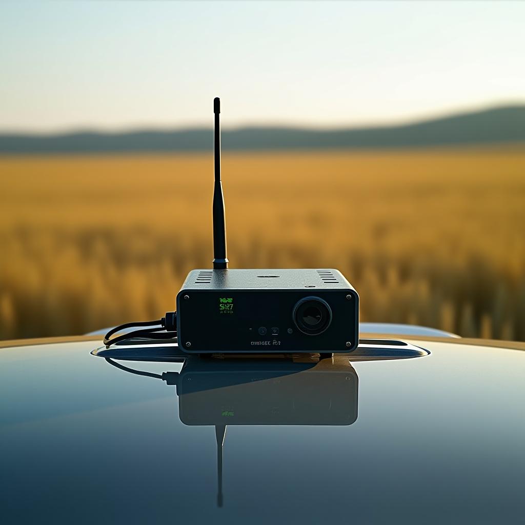  gnss receiver r70 on the hood of a car in fields of wheat.