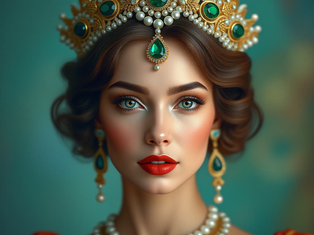  highly stylized and detailed portrait of a woman with fair skin, striking blue eyes, and full lips adorned with red lipstick. she is wearing an elaborate headdress and jewelry that includes a headpiece with green and white gemstones, large dangling earrings, and a matching necklace. the headdress is intricately designed with pearls and emerald like stones, complementing her traditional attire. the background is a soft, blurred mix of blue and green hues, creating a bokeh effect that highlights the subject's regal appearance. the overall composition is rich and vibrant, emphasizing the ornate and luxurious elements of her attire and accessories.