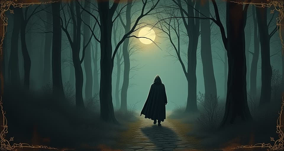  a lone wanderer, hooded cloak, walking through a dense, dark forest, moonlight filtering through trees, isolation, eerie, serene. an illustration in the style of a worn, mystical old tarot trump card, mysterious and elements of surrealism. the colors are muted, somber and eerie, but with contrast bring out an occult and esoteric vibe.