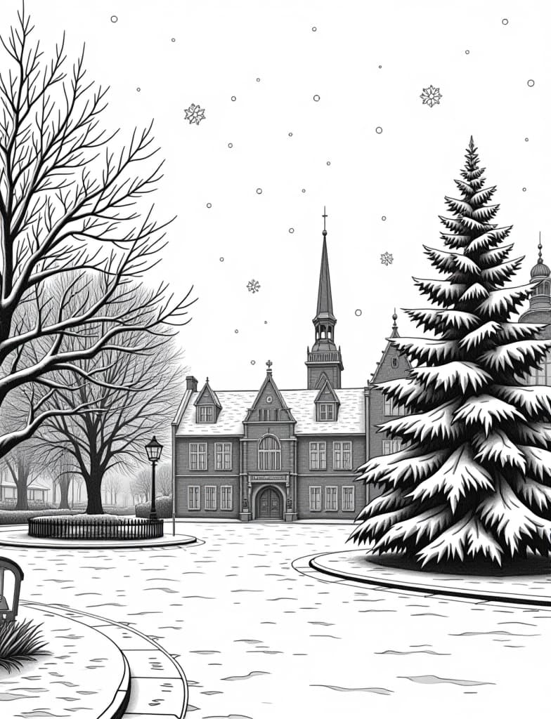  this is for an adult coloring page. a detailed black and white line art of a snowy snowflakes falling gently over a quiet town square on a solid white background.