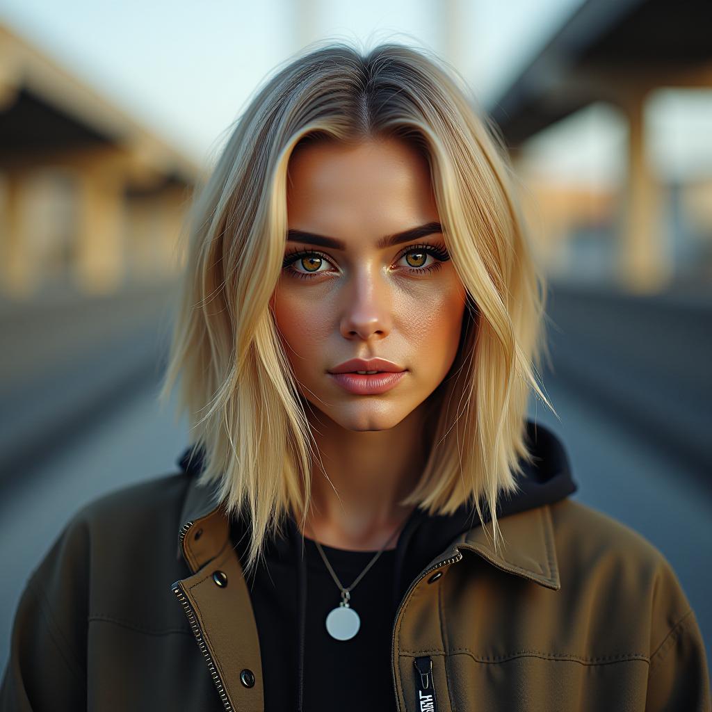  make an image of a blonde bob woman with dark brown eyes wearing streetwear