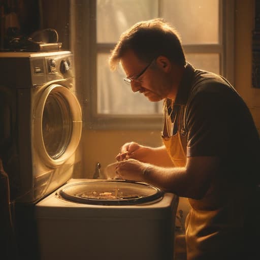 A photo of a skilled repair technician meticulously repairing a vintage washing machine in a dimly lit, cluttered garage during the late afternoon. The warm sunset rays filtering through dusty windows cast soft, golden hues on the technician's face, creating a contrasting interplay between light and shadow, emphasizing the intricate details of their work.