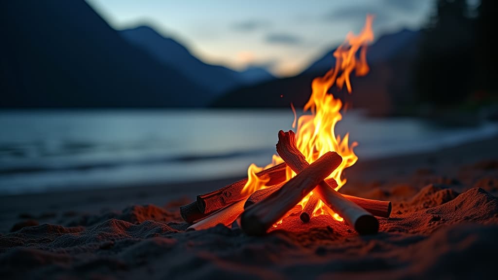  a tight shot of a campfire on a beach, with water nearby and trees, mountains in the backdrop