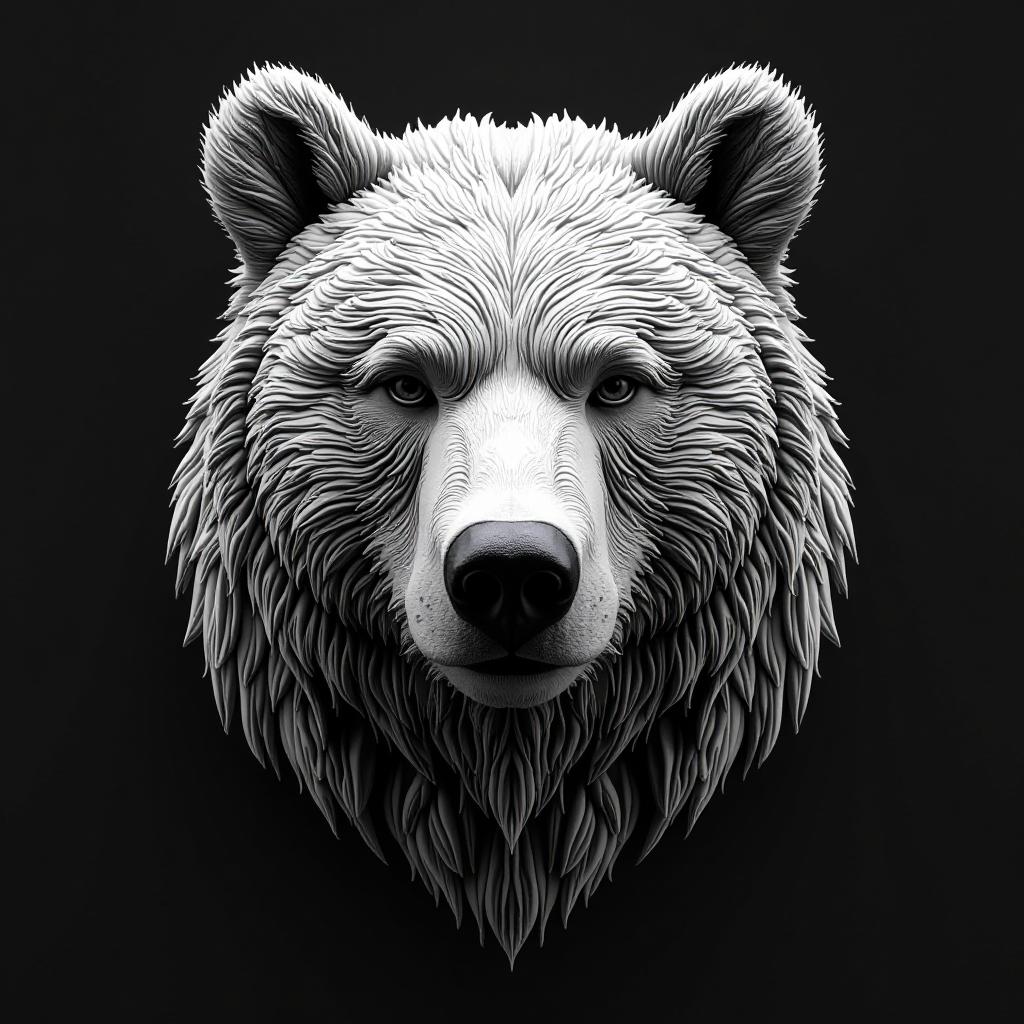  professional 3d model black and white sketches of a 3d model. (white sketch of a brown bear's head looking into the camera, high resolution, high detail, increased attention to detail. the whole head and weapon, in the style of a sketch, the whole head ((black background with white contours of the forest)), only contours and textures are used, the style of three dimensional wood carving, clear drawing of details, lines, panning, clear lines, background. the white tones are made in the style of a 3d model sketch . octane render, highly detailed, volumetric, dramatic lighting