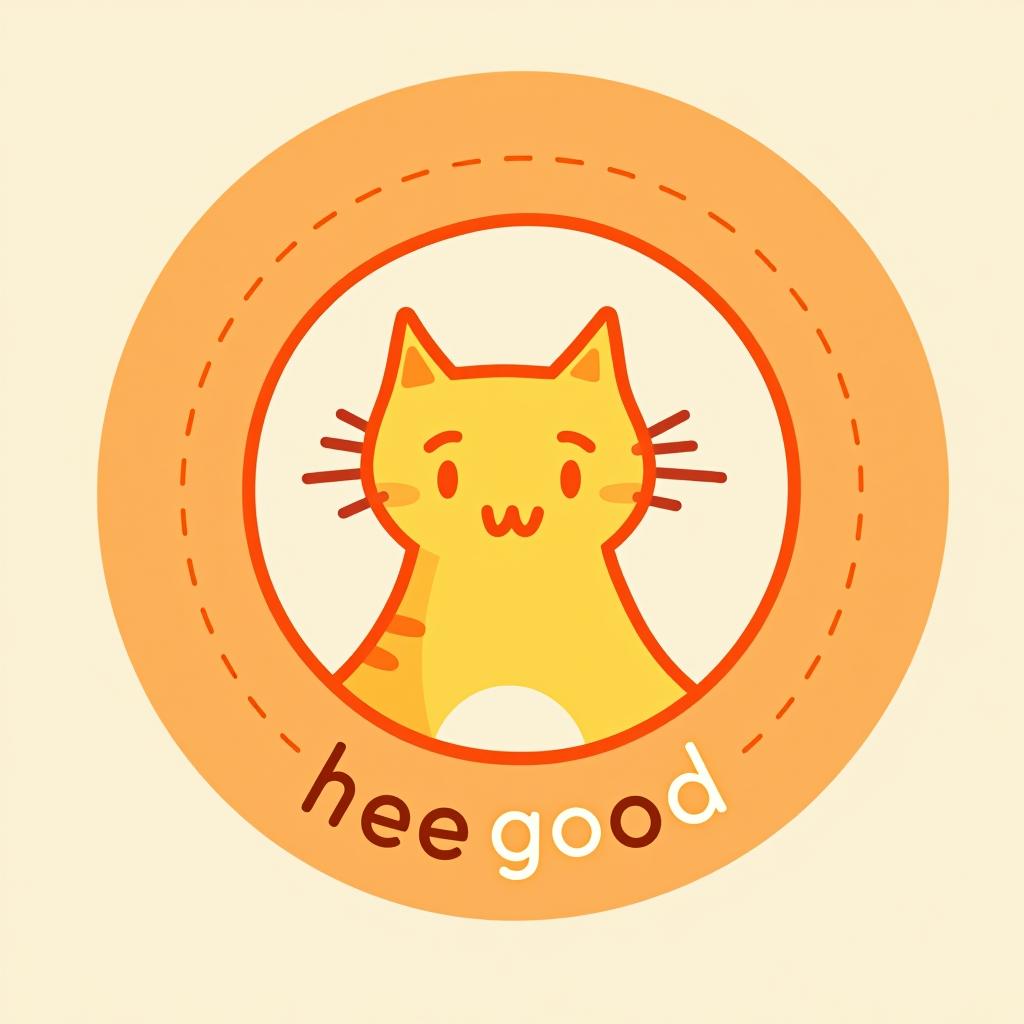  design a logo, bright pastel orange ring with yellow cat outline in middle , with the text 'hee good'.