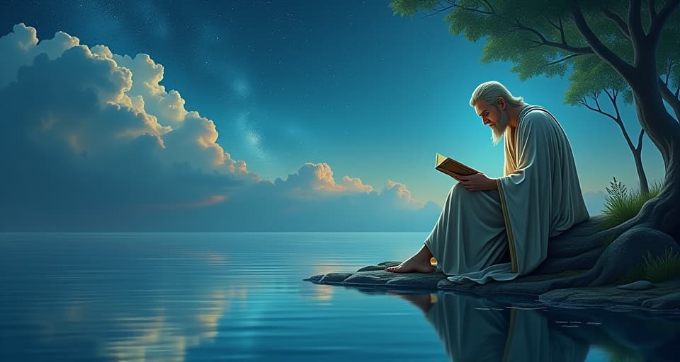  a divine scribe in flowing robes, sitting by a celestial lake under a starlit sky. limned in soft light, he gazes into the water, his reflection showing the complexity he's struggling to convey.. the style is digital art illustration,highly detailed, whimsical,magical, dreamlike atmosphere, realism and fantasy blend, smooth, glossy textures,luminous quality, wonder and enchantment.