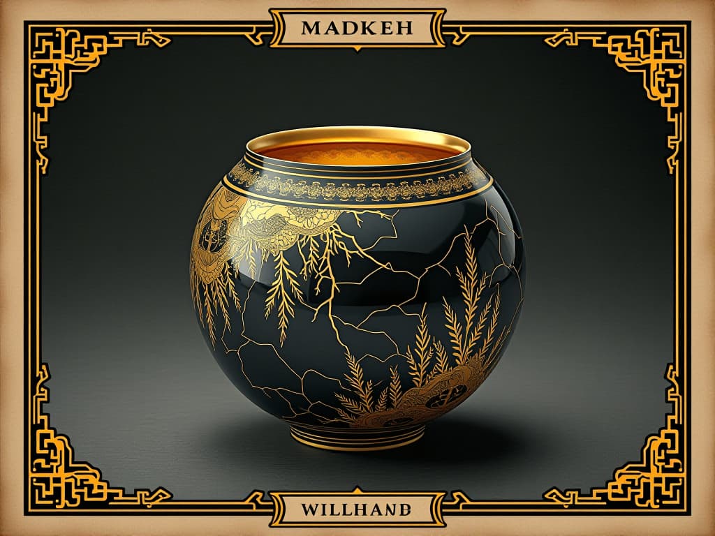  exquisite japanese pottery with visible cracks highlighted in gold, silver, and platinum, intricate details of lacquer work, focus on the exquisite craftsmanship, elegant, refined, meticulous. an illustration in the style of a worn, mystical old tarot trump card, mysterious and elements of surrealism. the colors are muted, somber and eerie, but with contrast bring out an occult and esoteric vibe.