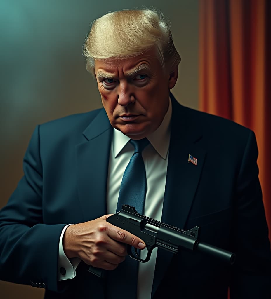  trump wearing a torn up suit, holding a machine gun with a scar on his face hyperrealistic, full body, detailed clothing, highly detailed, cinematic lighting, stunningly beautiful, intricate, sharp focus, f/1. 8, 85mm, (centered image composition), (professionally color graded), ((bright soft diffused light)), volumetric fog, trending on instagram, trending on tumblr, HDR 4K, 8K