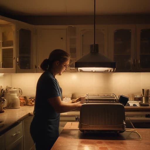 A photo of a skilled appliance technician repairing a vintage toaster in a dimly lit, cozy kitchen during the early evening. The warm, soft light from a single overhead pendant lamp casts gentle shadows, emphasizing the technician's focused expression and the intricate details of the toaster's inner components.