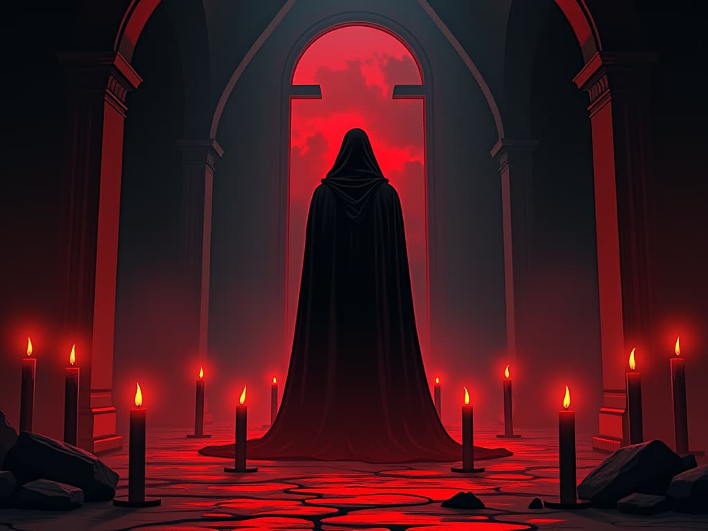  figure in red, lighting candles in dark chamber, shadows receding, sense of clarity. the style is digital art illustration / modern comic book / graphic dark novel fantasy and mysterious occult, symbolic, moody lighting, esoteric vibe,high detail on character design. for the color scheme emphasize blacks and reds.