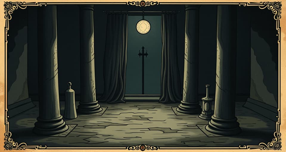  a dark room, shadows pushed back, hidden objects revealed, sense of revelation, darkness lifting, secrets unveiled. an illustration in the style of a worn, mystical old tarot trump card, mysterious and elements of surrealism. the colors are muted, somber and eerie, but with contrast bring out an occult and esoteric vibe.