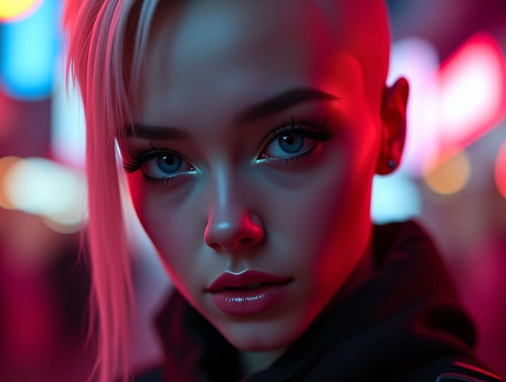  ultra realistic close up portrait ((beautiful pale cyberpunk female with heavy black eyeliner)), blue eyes, shaved side haircut, hyper detail, cinematic lighting, magic neon, dark red city, canon eos r3, nikon, f/1.4, iso 200, 1/160s, 8k, raw, unedited, symmetrical balance, in frame, 8k hyperrealistic, full body, detailed clothing, highly detailed, cinematic lighting, stunningly beautiful, intricate, sharp focus, f/1. 8, 85mm, (centered image composition), (professionally color graded), ((bright soft diffused light)), volumetric fog, trending on instagram, trending on tumblr, HDR 4K, 8K