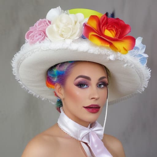 Rainbow drag queen cowboy top hat and headdress tuxedo with spur white Elizabethan collar wand parasol by Paul Gauguin