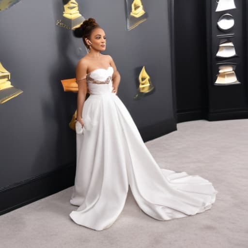 Ari Grande in a white pretty dress on the Grammy Awards carpet , Photorealistic