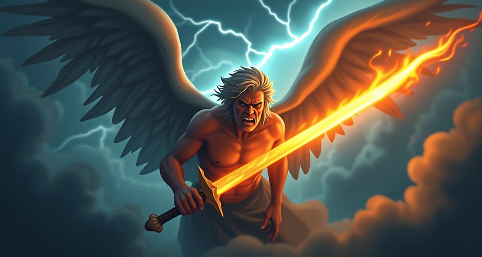  a stormy sky filled with dark, swirling clouds and heavenly lightning, an intense, stern faced angel with a flaming sword, representing palpable divine anger. the style is digital art illustration,highly detailed, whimsical,magical, dreamlike atmosphere, realism and fantasy blend, smooth, glossy textures,luminous quality, wonder and enchantment.