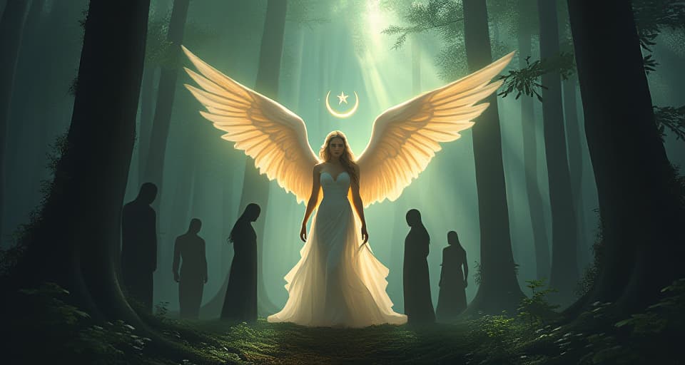  a majestic angel with translucent wings, separating dark, shadowy figures from a serene, glowing forest. ethereal light highlights the disruption of personal peace by negative presences.. the style is digital art illustration,highly detailed, whimsical,magical, dreamlike atmosphere, realism and fantasy blend, smooth, glossy textures,luminous quality, wonder and enchantment.