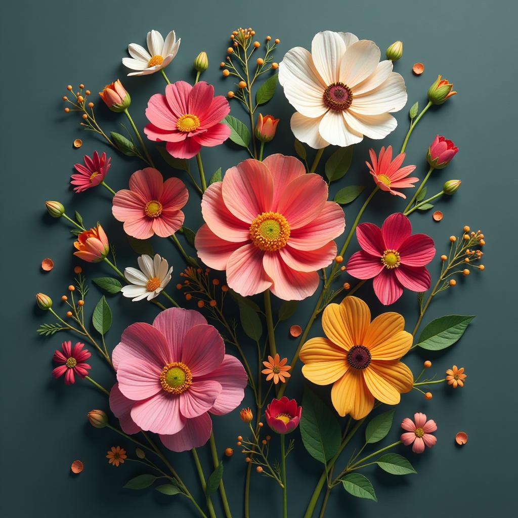  flat multicolored flowers hyperrealistic, full body, detailed clothing, highly detailed, cinematic lighting, stunningly beautiful, intricate, sharp focus, f/1. 8, 85mm, (centered image composition), (professionally color graded), ((bright soft diffused light)), volumetric fog, trending on instagram, trending on tumblr, HDR 4K, 8K