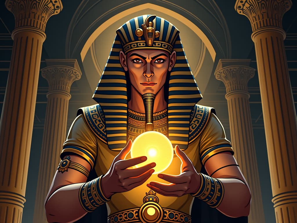  pharaoh in a lavish chamber, holding a glowing amulet, contemplative look, symbolizing active engagement with transformative process. the style is digital art illustration / modern comic book / mysterious occult, symbolic, esoteric vibe,high detail on character design, incorporating ancient egyptian symbology and attire.