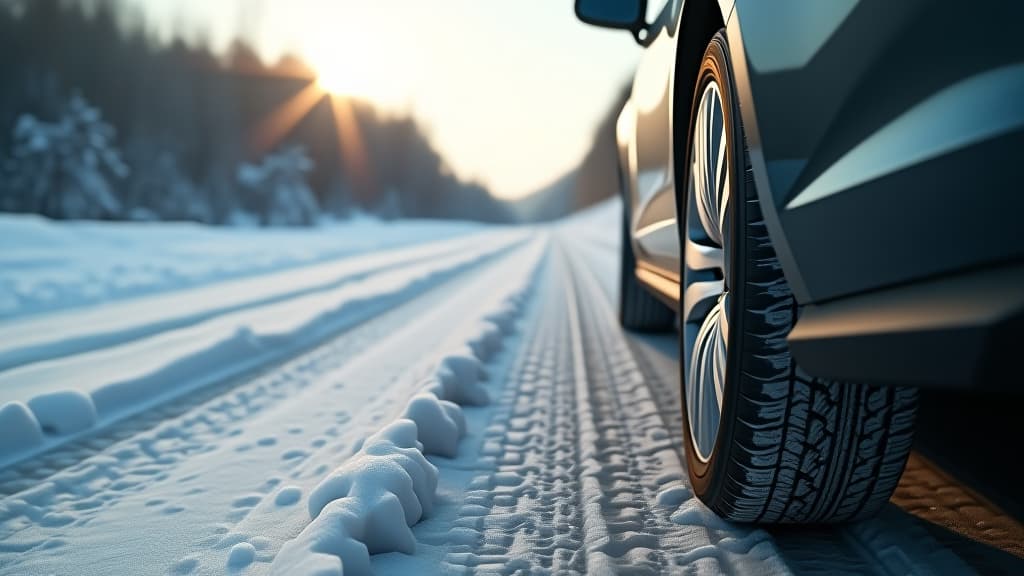  close up side view of a car with a winter tires on snowy road. tires on snowy highway detail. space for text. drive safe concept on winter or spring holidays adventures, high quality, high details, hd, perfect composition, 4k epic detailed, highly detailed, sharp focus, high resolution