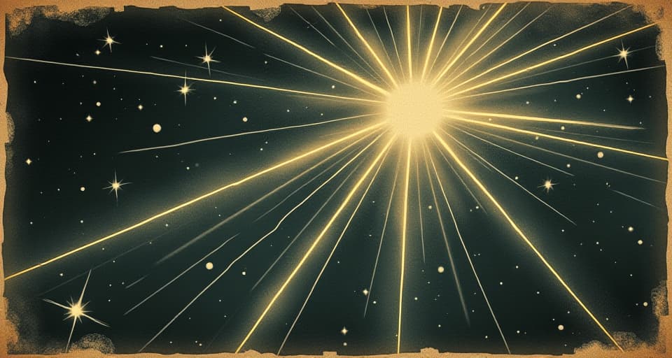  interconnected beams of light, weaving through a night sky filled with sparkling stars, forming a radiant web of energy, collective propulsion, celestial connection. an illustration in the style of a worn, mystical old tarot trump card, mysterious and elements of surrealism. the colors are muted, somber and eerie, but with contrast bring out an occult and esoteric vibe.