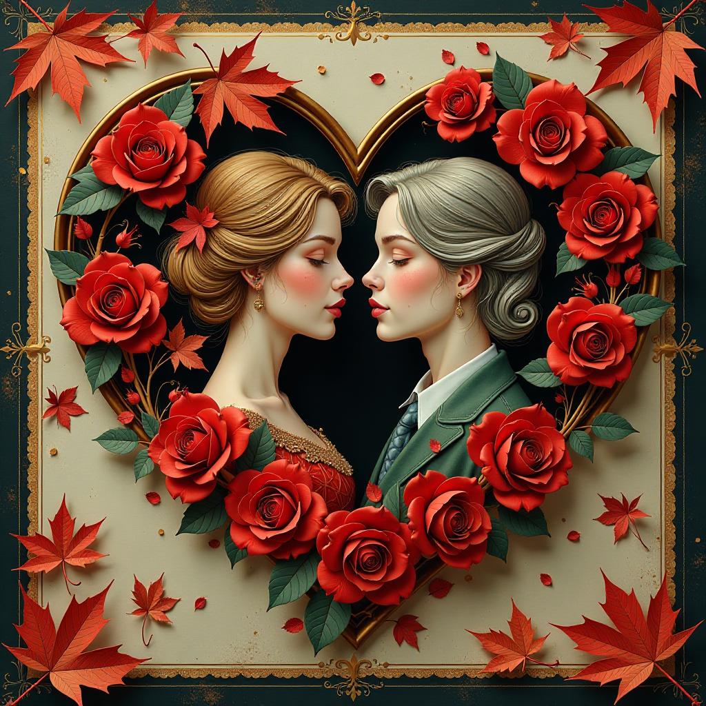  (postcard background): falling autumn leaves, red roses, satin tape, retro, vintage, greeting card. autumn in the heart, a beautiful couple, two faces in profile, a heart of scarlet roses (heart), a beautiful figure of maple leaves in the shape of a heart. (color of the heart): background black, drawing gold. (style): fantasy, autumn art, autumn romance. (colors): gold, green gold, blue, red, red gold, brown gold, silver, black gold, blue blue.