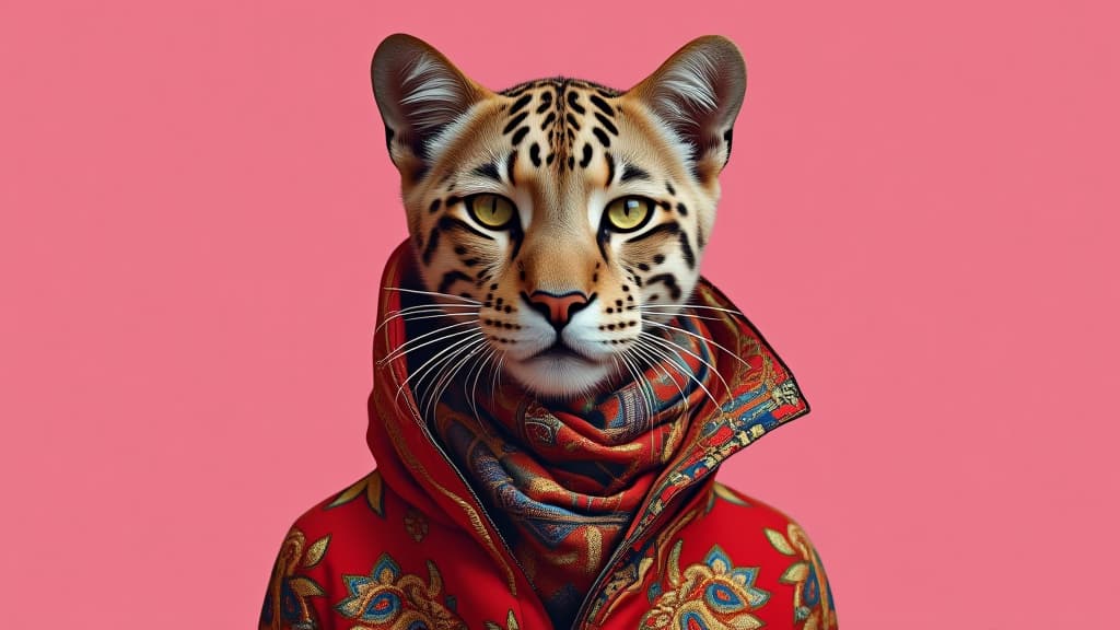  elegant panter wearing colorful clothes on a pink background,, high quality, high details, hd, perfect composition, 4k epic detailed, highly detailed, sharp focus, high resolution