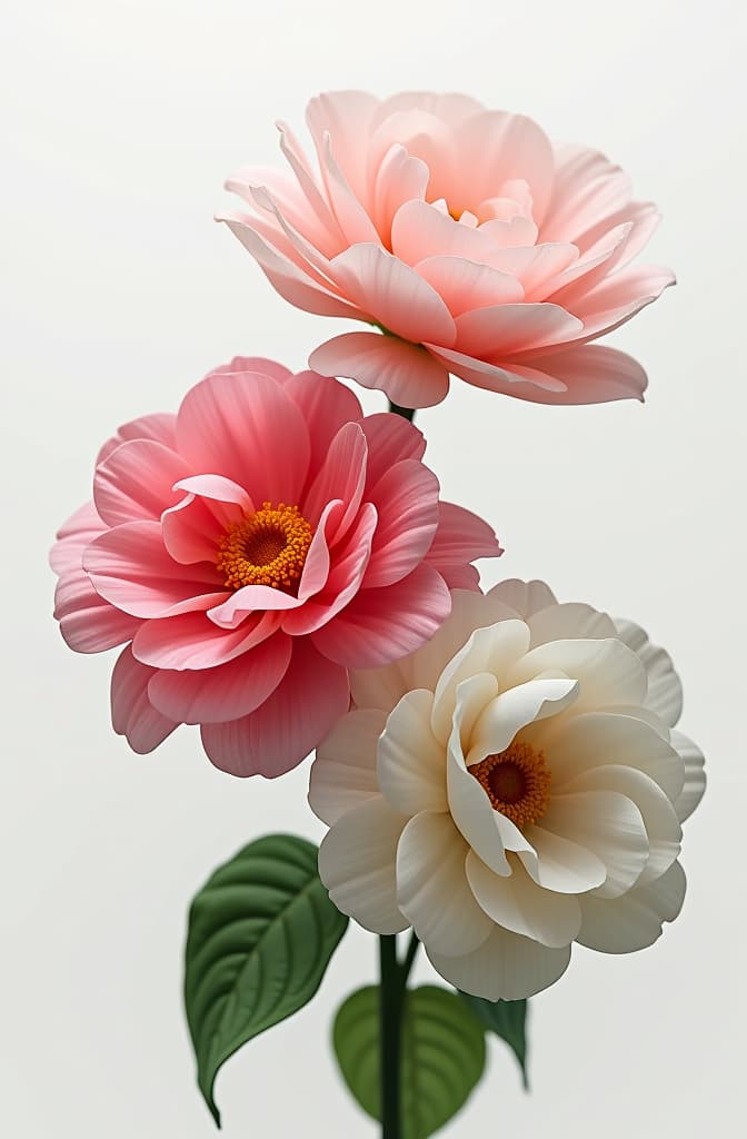  3 flores del cerezo en tonos rosas y blancos. debe ser un dibujo de la evolución del crecimiento de las flores. el fondo debe ser blanco. hyperrealistic, full body, detailed clothing, highly detailed, cinematic lighting, stunningly beautiful, intricate, sharp focus, f/1. 8, 85mm, (centered image composition), (professionally color graded), ((bright soft diffused light)), volumetric fog, trending on instagram, trending on tumblr, HDR 4K, 8K