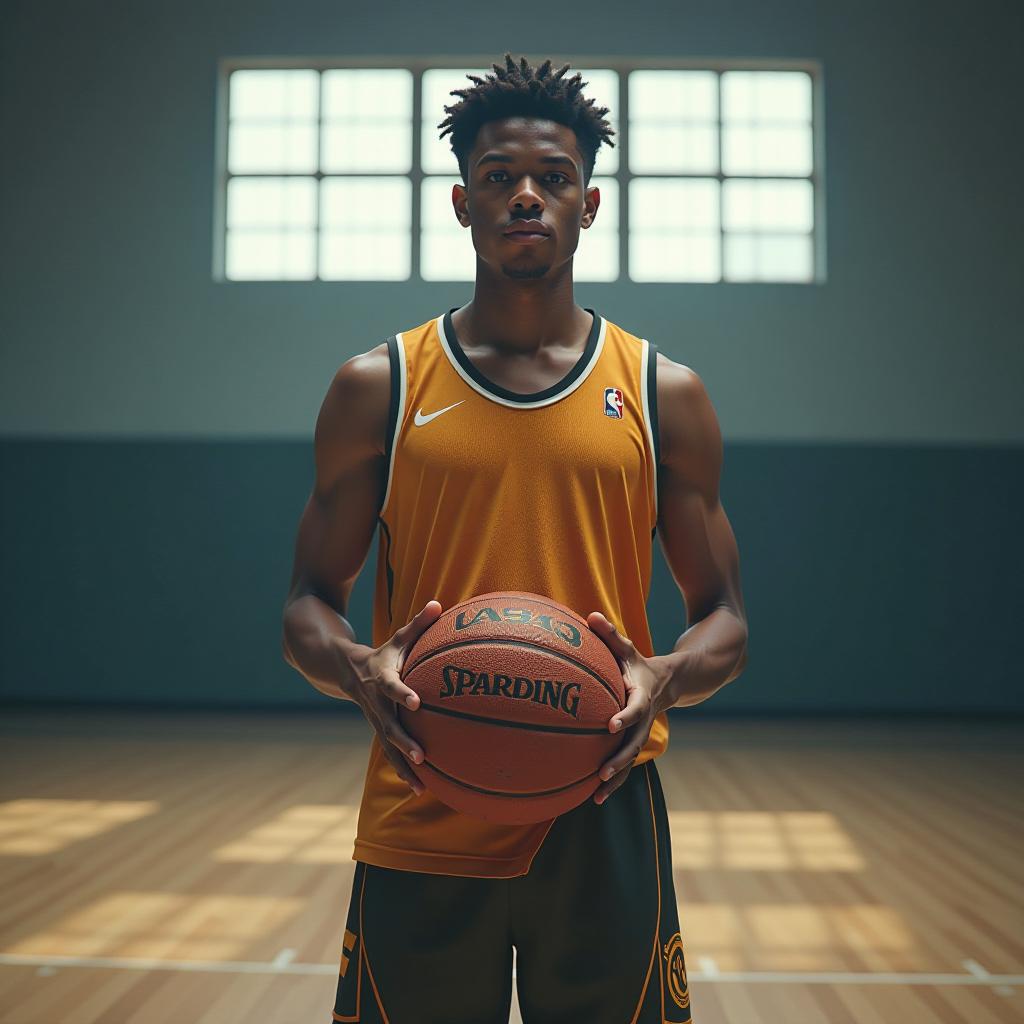  a boy basketball player is standing in a gym wearing a basketball jersey and shorts, holding a basketball in his hands. hyperrealistic, full body, detailed clothing, highly detailed, cinematic lighting, stunningly beautiful, intricate, sharp focus, f/1. 8, 85mm, (centered image composition), (professionally color graded), ((bright soft diffused light)), volumetric fog, trending on instagram, trending on tumblr, HDR 4K, 8K