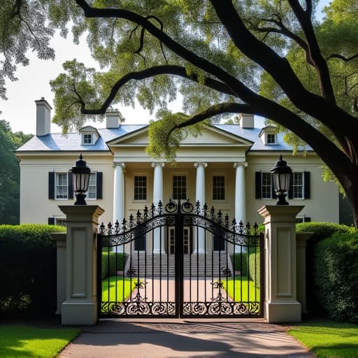  a grand manor house with towering columns and elaborate wrought iron gates, surrounded by lush gardens and majestic oak trees.