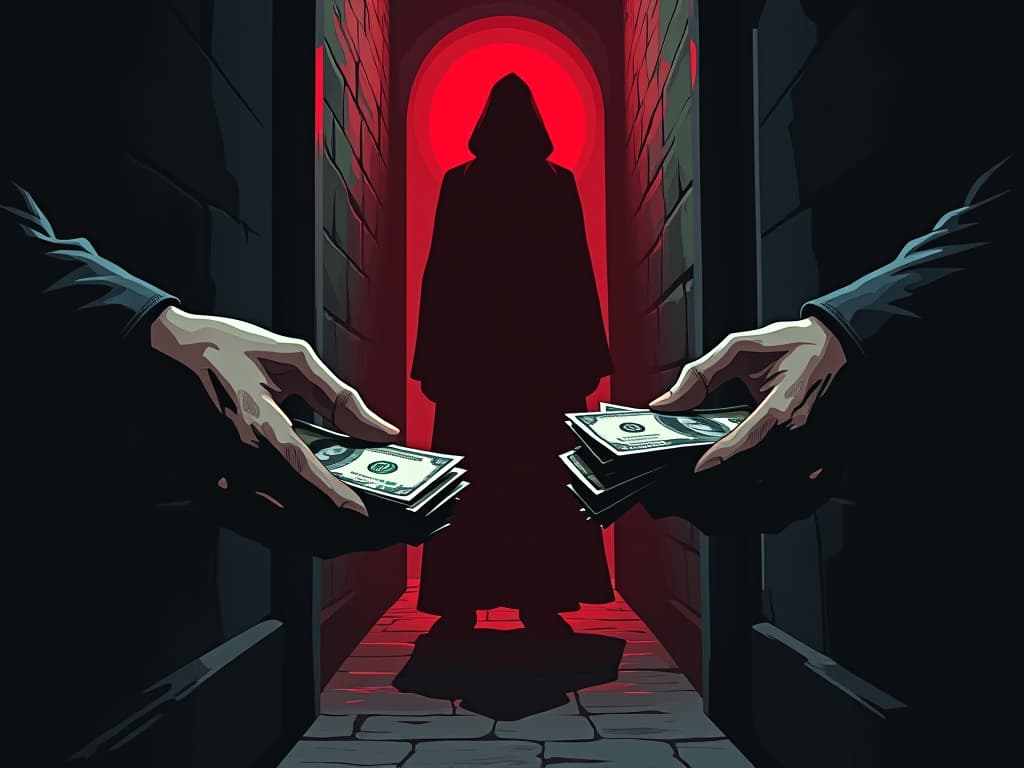  hands exchanging stacks of money, dark alley, faint silhouette in background, sense of manipulation and secrecy. the style is digital art illustration / modern comic book / graphic dark novel fantasy and mysterious occult, symbolic, moody lighting, esoteric vibe,high detail on character design. for the color scheme emphasize blacks and reds.