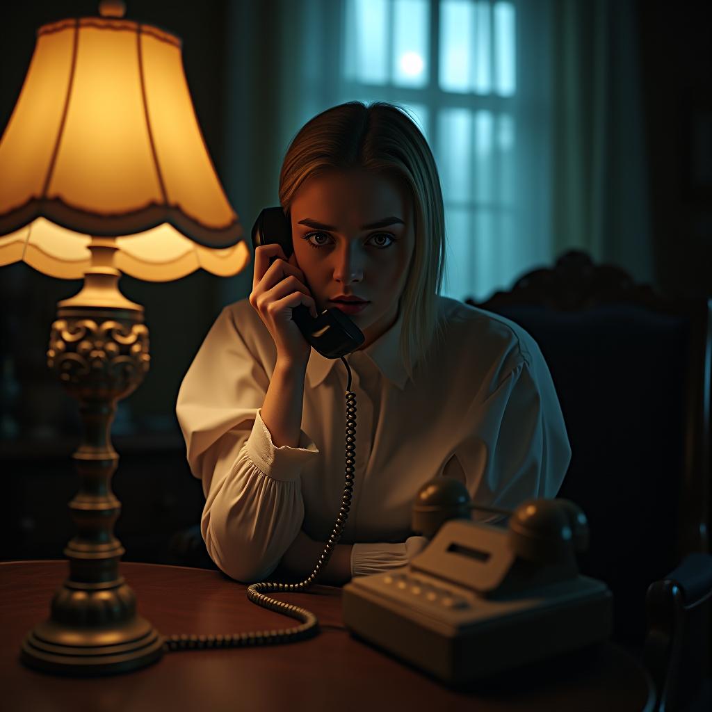  create a high quality, photorealistic image that vividly depicts the following scene: "a petrified young nanny in an antique, shadow filled mansion. she's gripping a classic landline phone, her knuckles going pale, her eyes mirroring a bone chilling fear. the air around her is heavy with unease, from the ghostly glimmer of the old fashioned lamp to the horrifying comprehension mirrored on her face. the room is scattered with antiques, providing a striking juxtaposition to her contemporary style. the moonlight dispersed through the retro net curtains introduces an eerie supernatural ambience, captured with sony a7r iv, f/1.4, iso 400, 1/80s, 8k, raw, untouched, ethereal lighting, spectacular shadows, framed in fearful expectation, in 8k hyperrealistic, full body, detailed clothing, highly detailed, cinematic lighting, stunningly beautiful, intricate, sharp focus, f/1. 8, 85mm, (centered image composition), (professionally color graded), ((bright soft diffused light)), volumetric fog, trending on instagram, trending on tumblr, HDR 4K, 8K