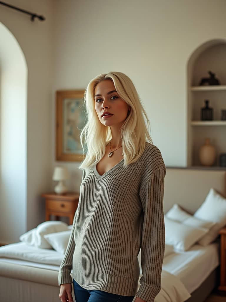  a professionally color graded, unedited 8k photograph captures a swedish woman with a unique hairstyle and platinum blonde hair, standing in a room designed in ibicenco style, characterized by white washed walls, natural materials, and rustic elegance. the image, taken with a 35mm f/2 wide angle lens, showcases a hyperrealistic and highly detailed view. bright, soft, diffused light illuminates the scene, enhancing the stunning beauty and intricate details, while a symmetrical balance and wide point of view add a dramatic effect. the photograph includes hdr and a polaroid 600 film grain, adding a touch of nostalgia to the dense, elegantly furnished setting.