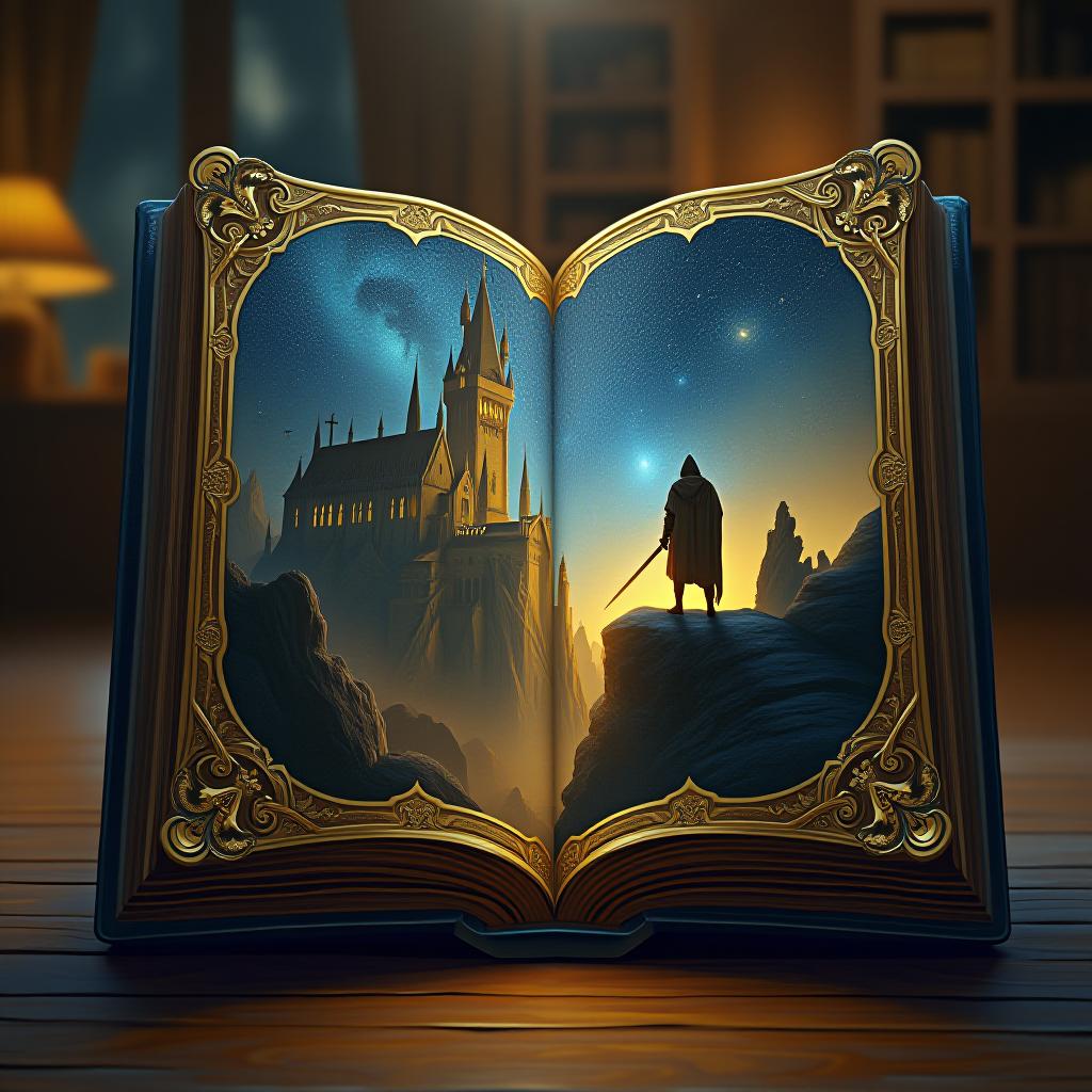  this image is a highly detailed, digital painting depicting an open book with a fantastical, illuminated cover. the book, which appears to be an ancient tome, has an ornate, gold embossed cover with intricate designs. the cover art is a vibrant, magical landscape featuring a castle with tall, spires and windows aglow with warm, yellow light. the castle is set against a starry, night sky filled with twinkling stars, creating a celestial effect. the foreground of the cover shows a lone, silhouetted figure standing on a rocky outcropping, gazing up at the castle. the figure appears to be a man dressed in medieval attire, with a long cloak and a sword at his side. the background of the image is a softly lit, cozy room, with wooden furniture and hyperrealistic, full body, detailed clothing, highly detailed, cinematic lighting, stunningly beautiful, intricate, sharp focus, f/1. 8, 85mm, (centered image composition), (professionally color graded), ((bright soft diffused light)), volumetric fog, trending on instagram, trending on tumblr, HDR 4K, 8K