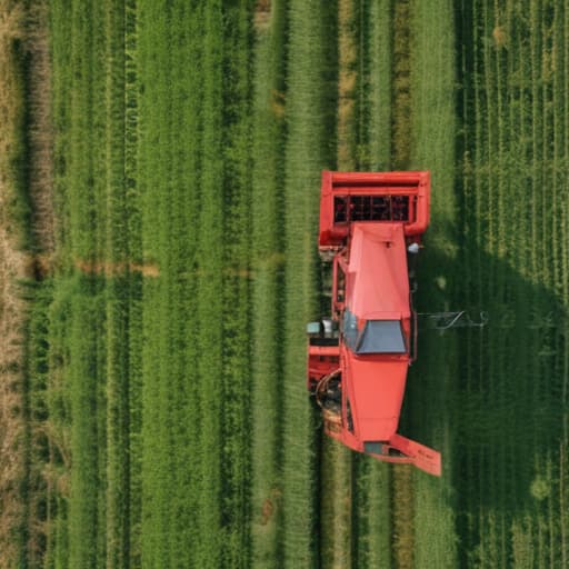 red harvester in green field viewed from extremely high above