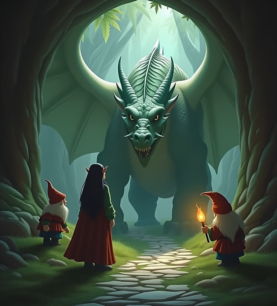  beautiful short asian elf, being by dwarves in a mystical den while a dragon watches