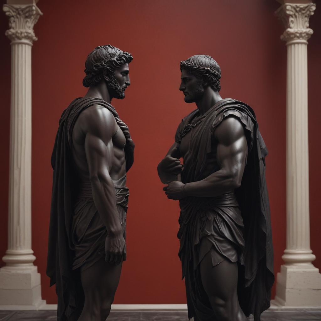 A poignant image symbolizing the unity of two fathers, Priam and Achilles, united by loss. Show a moment of shared grief and solace, emphasizing the bond forged through tragedy, with a focus on the emotional connection and mutual understanding between the two characters."in the style of classical Greek pottery art, with intricate black figures on a red background, depicting mythological scenes with a focus on gods and heroes, using a limited color palette of red, black, and white"This image is a breathtaking painting that captures the magical scene with vivid detail. The overall composition is spellbinding, showcasing a perfect harmony. photorealism fantasy, unreal engine 5, concept hyperrealistic, full body, detailed clothing, highly detailed, cinematic lighting, stunningly beautiful, intricate, sharp focus, f/1. 8, 85mm, (centered image composition), (professionally color graded), ((bright soft diffused light)), volumetric fog, trending on instagram, trending on tumblr, HDR 4K, 8K