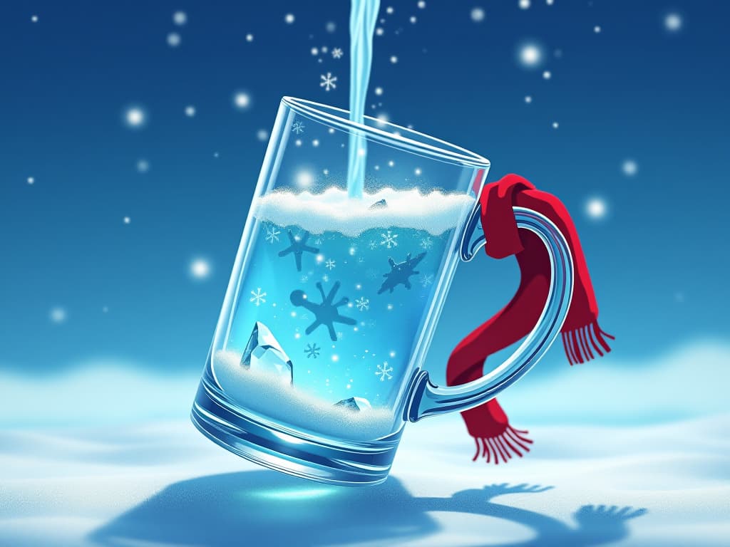  a fantasy style tilted glass mug featuring winter theme with snow in it. all the contents of the glass are pouring like water. details. colorful with brilliant blue background. suspended in space. sparkling and beautiful snowflakes like a wreath. a red scarf is wrapped around the handle of the glass. pieces of ice in glass. cartoon. studio ghibli anime. 1:1 size for profile. firooze hyperrealistic, full body, detailed clothing, highly detailed, cinematic lighting, stunningly beautiful, intricate, sharp focus, f/1. 8, 85mm, (centered image composition), (professionally color graded), ((bright soft diffused light)), volumetric fog, trending on instagram, trending on tumblr, HDR 4K, 8K