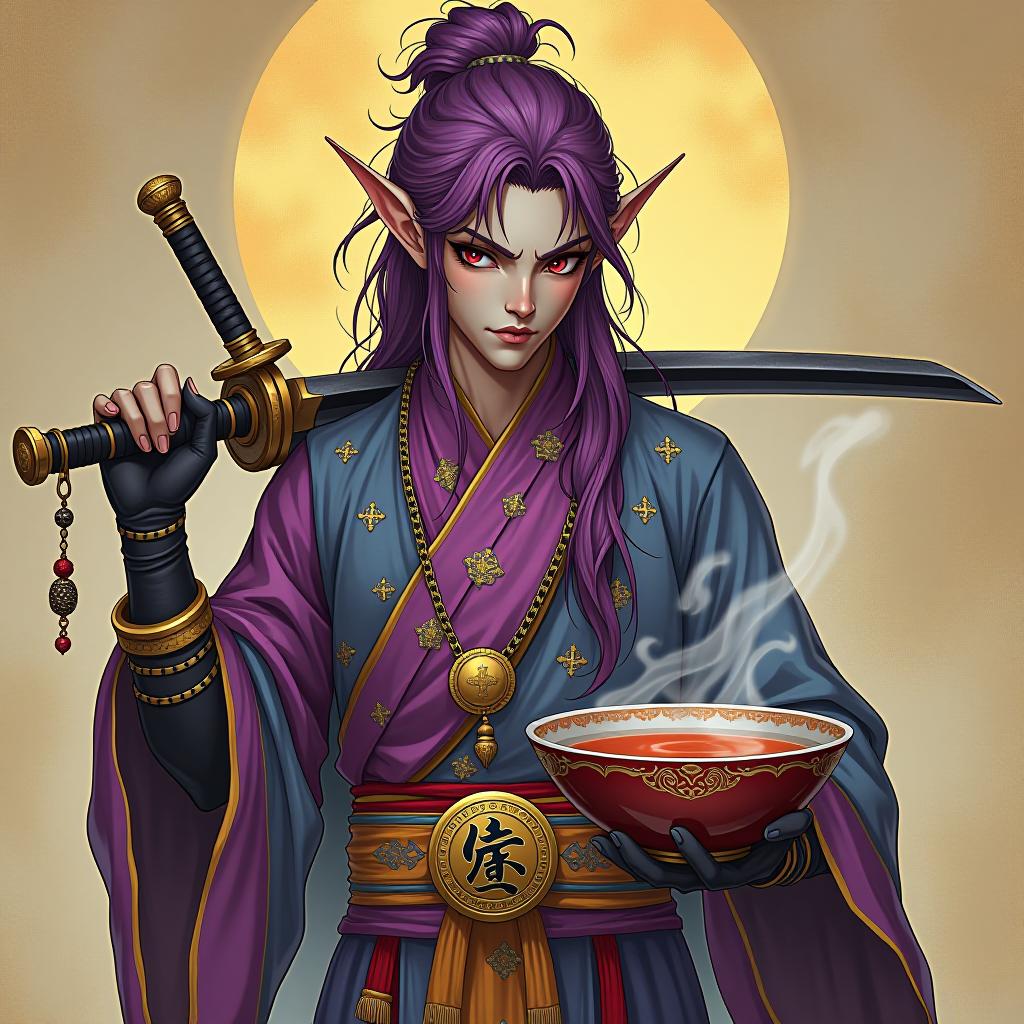  psychedelic style ringo holds a wide bowl filled to the brim with sake, and in his right hand he has a boarding sword, which he threw over his right shoulder. ringo is dressed in short tight black gloves with metal claws on his fingers, he has buddhist beads hanging on his left hand, and he is depicted in full height a young mature dark male elf with marble white skin, purple scarlet hair, ringo wears a disheveled hairstyle of long hair to the shoulders, pointed ear tips, lavender red eyes, ringo is dressed in a burgundress shirt with gold embroidery, in addition, wearing a purple sized purple skin with a silver lining skin made of red purple leather, and a frilled skin with a silver linger skin. ringo wears a gold chain with a medium si