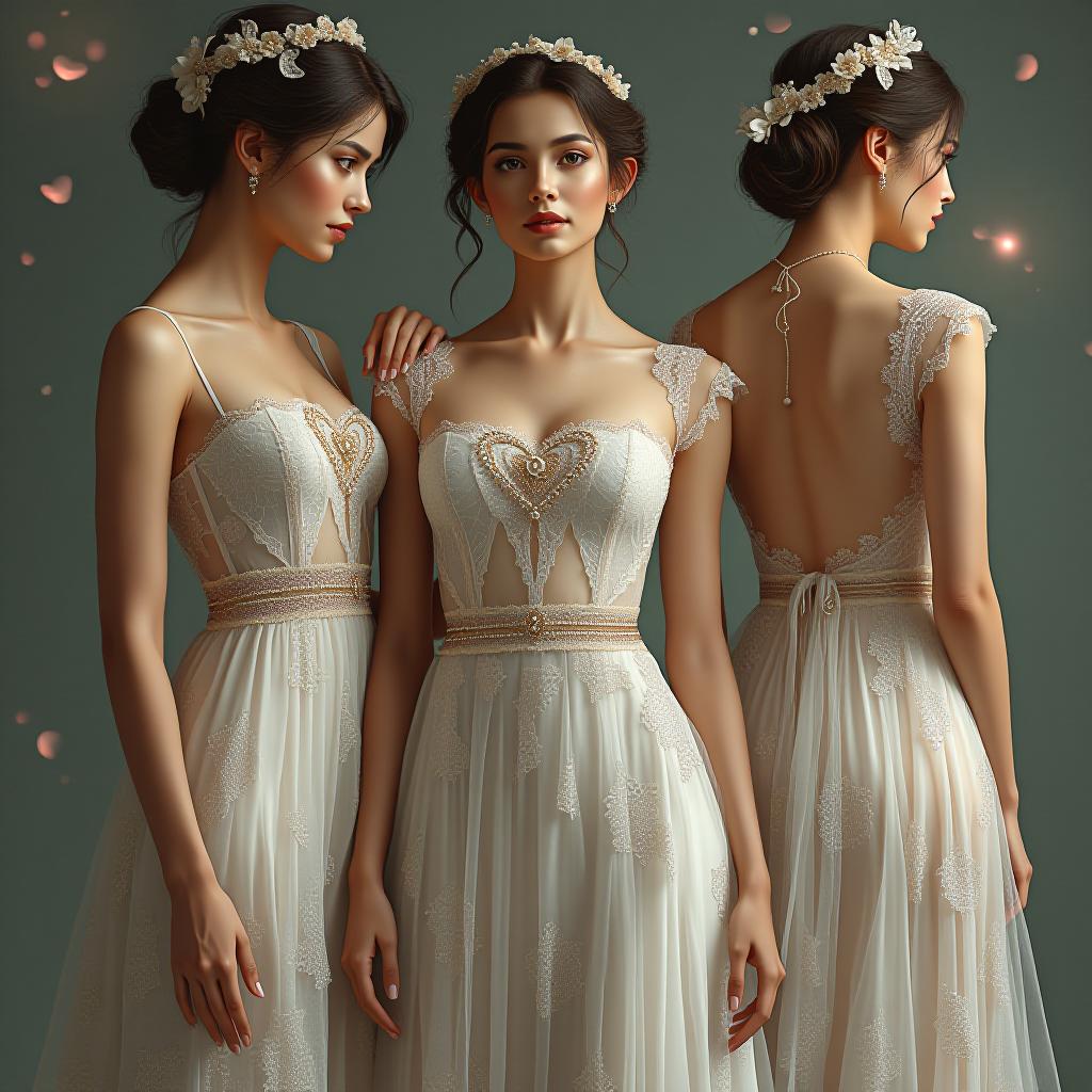  concept art women wearing lace clothes, transparent with heart worked corpetto with pearls and decorations on the bottom of the dress, all in different poses as on a photo set. digital artwork, illustrative, painterly, matte painting, highly detailed