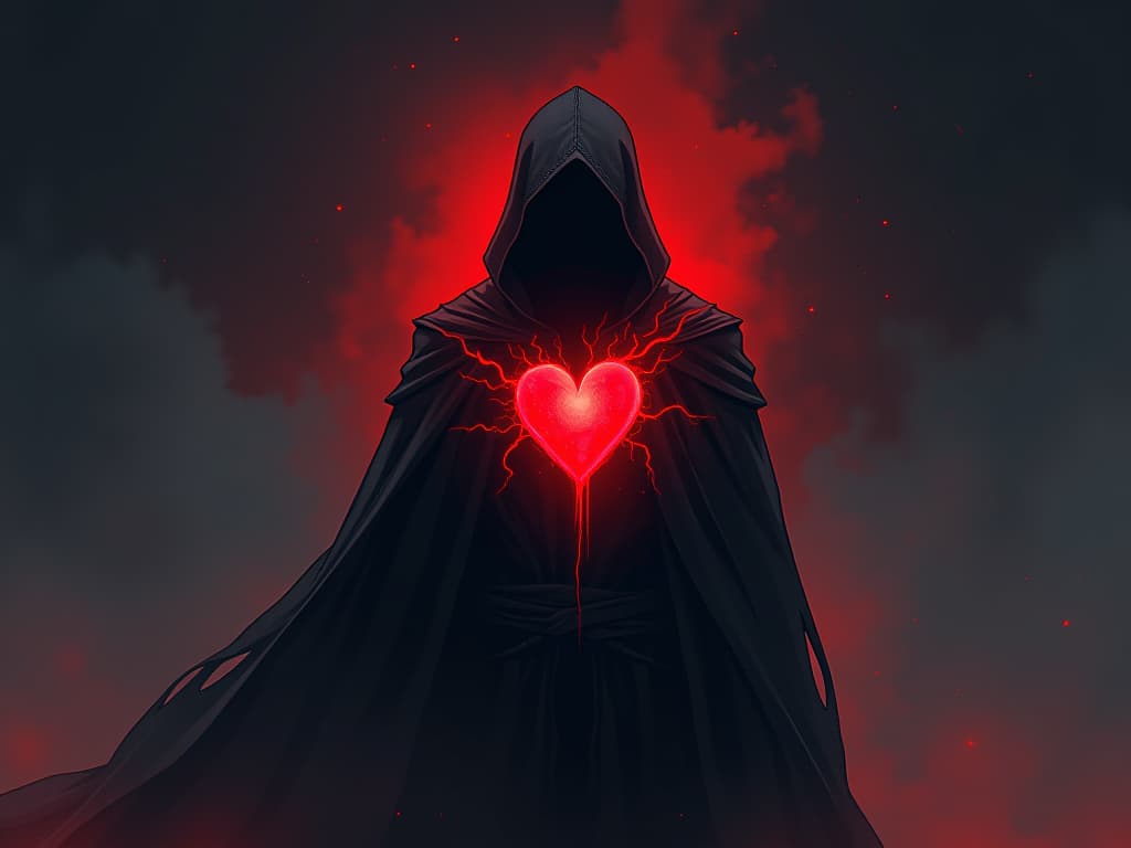  dark cloud creeping into a glowing heart, sense of negative energy infiltrating life. the style is digital art illustration / modern comic book / graphic dark novel fantasy and mysterious occult, symbolic, moody lighting, esoteric vibe,high detail on character design. for the color scheme emphasize blacks and reds.