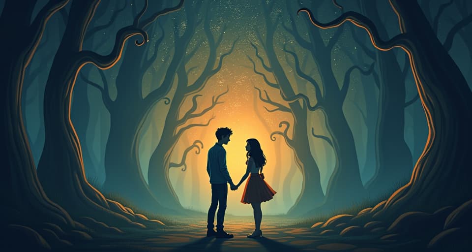  a couple looking perplexed and disheartened as shadowy, twisting symbols swirl around them in a mystical forest. the atmosphere is full of doubt and confusion, under a glowing, star filled sky.. the style is digital art illustration,highly detailed, whimsical,magical, dreamlike atmosphere, realism and fantasy blend, smooth, glossy textures,luminous quality, wonder and enchantment.