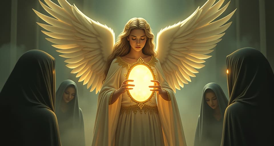  a celestial being holding a luminous mirror, reflecting the dark fears of shadowy figures surrounding them, their presence both illuminating and confrontational.. the style is digital art illustration,highly detailed, whimsical,magical, dreamlike atmosphere, realism and fantasy blend, smooth, glossy textures,luminous quality, wonder and enchantment.