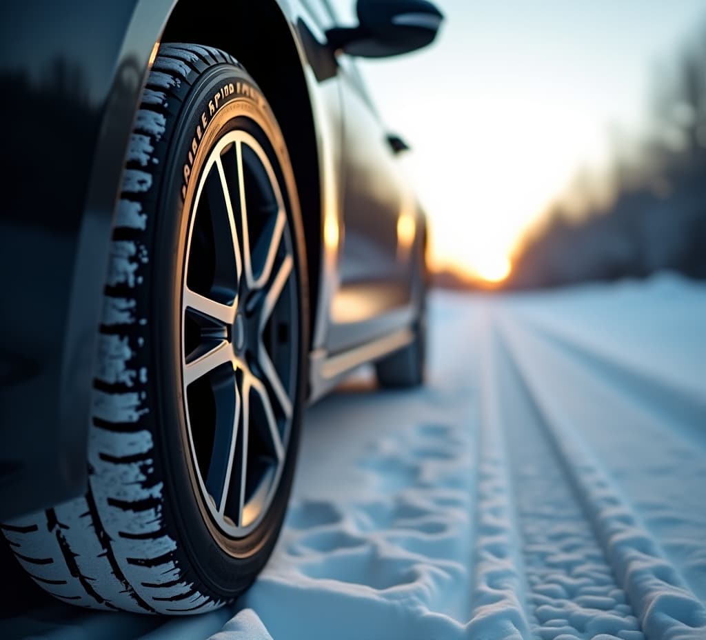  close up side view of a car with a winter tires on snowy road. tires on snowy highway detail. space for text. drive safe concept on winter or spring holidays adventures, high quality, high details, hd, perfect composition, 4k epic detailed, highly detailed, sharp focus, high resolution