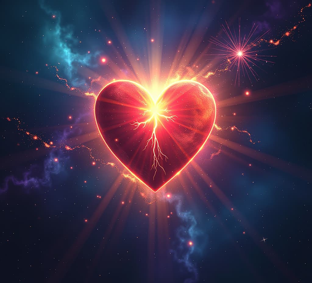  cosmic heart beating and shining through space and time, copy space, universal love, space for your text, spirituality and esoteric, illustration