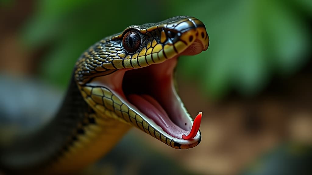  closeup of snake with open mouth, showing sharp teeth and tongue. dangerous poisonous cobra serpent reptile animal attack in tropical nature. scary deadly angry aggression, exotic jungle