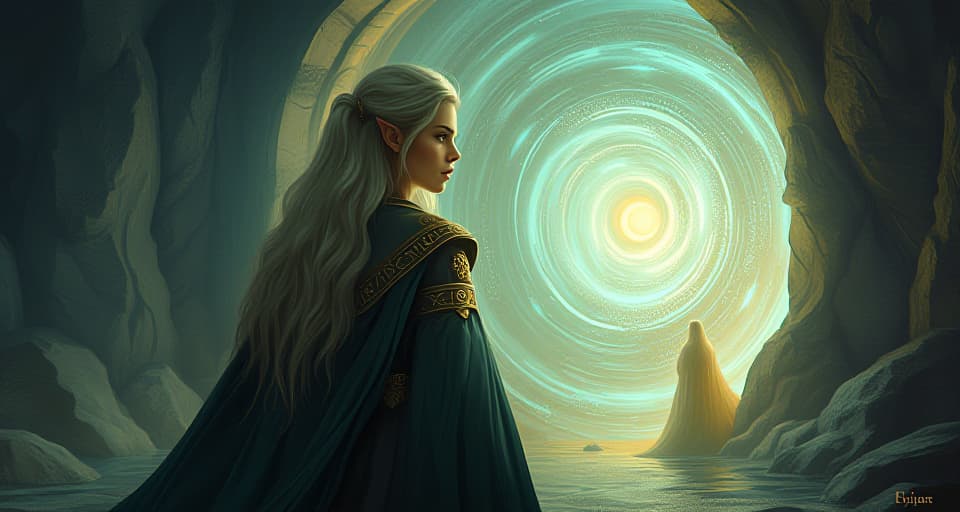  a majestic elf with glowing, ancient runes on her robes, gazing ahead with a knowing expression. she stands before a swirling, radiant portal, hinting at her inexplicable knowledge of events yet to come.. the style is digital art illustration,highly detailed, whimsical,magical, dreamlike atmosphere, realism and fantasy blend, smooth, glossy textures,luminous quality, wonder and enchantment.