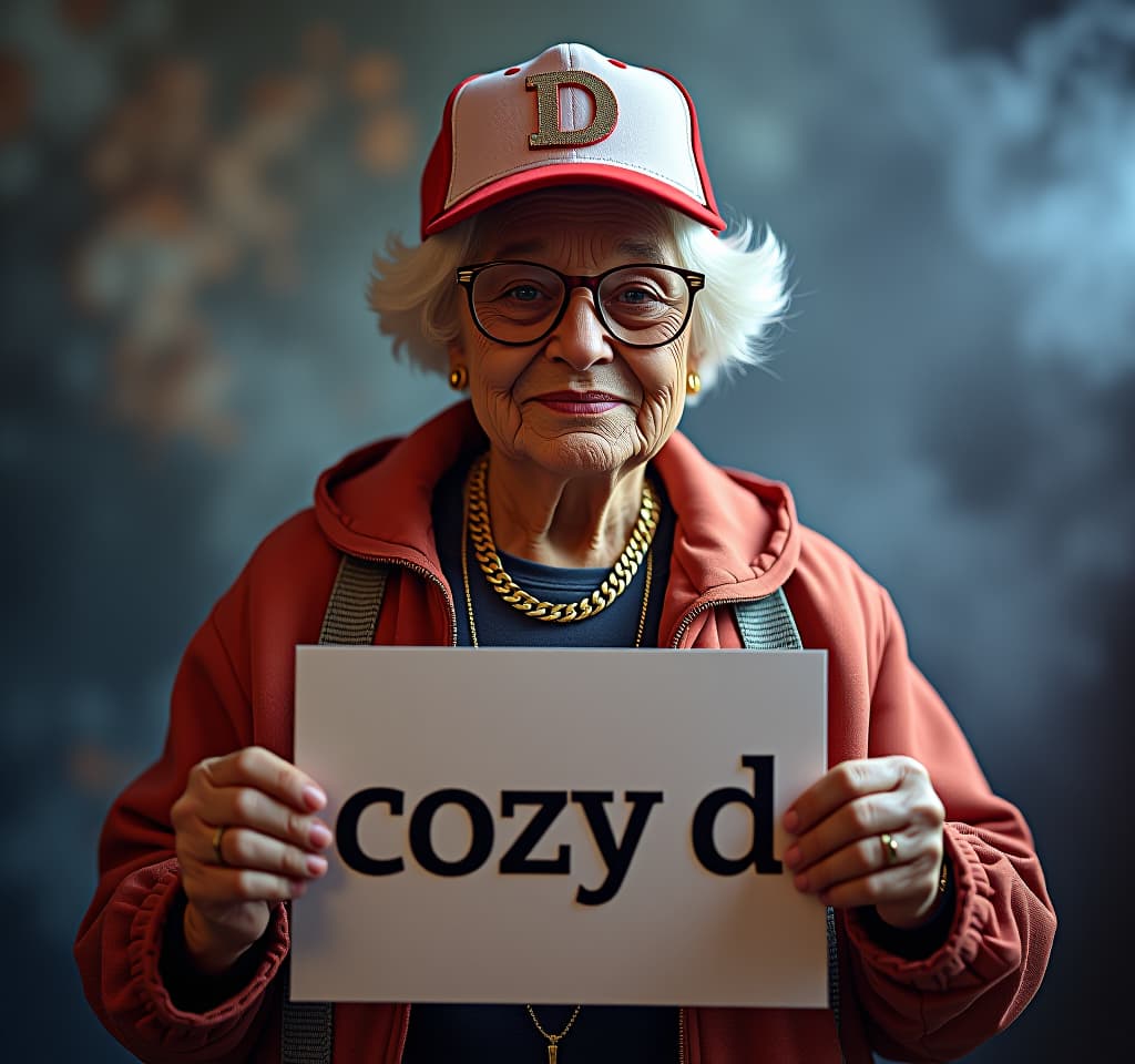  a grandmother in rapper outfit holding "cozy d" sign, gold chain, rap cap hyperrealistic, full body, detailed clothing, highly detailed, cinematic lighting, stunningly beautiful, intricate, sharp focus, f/1. 8, 85mm, (centered image composition), (professionally color graded), ((bright soft diffused light)), volumetric fog, trending on instagram, trending on tumblr, HDR 4K, 8K