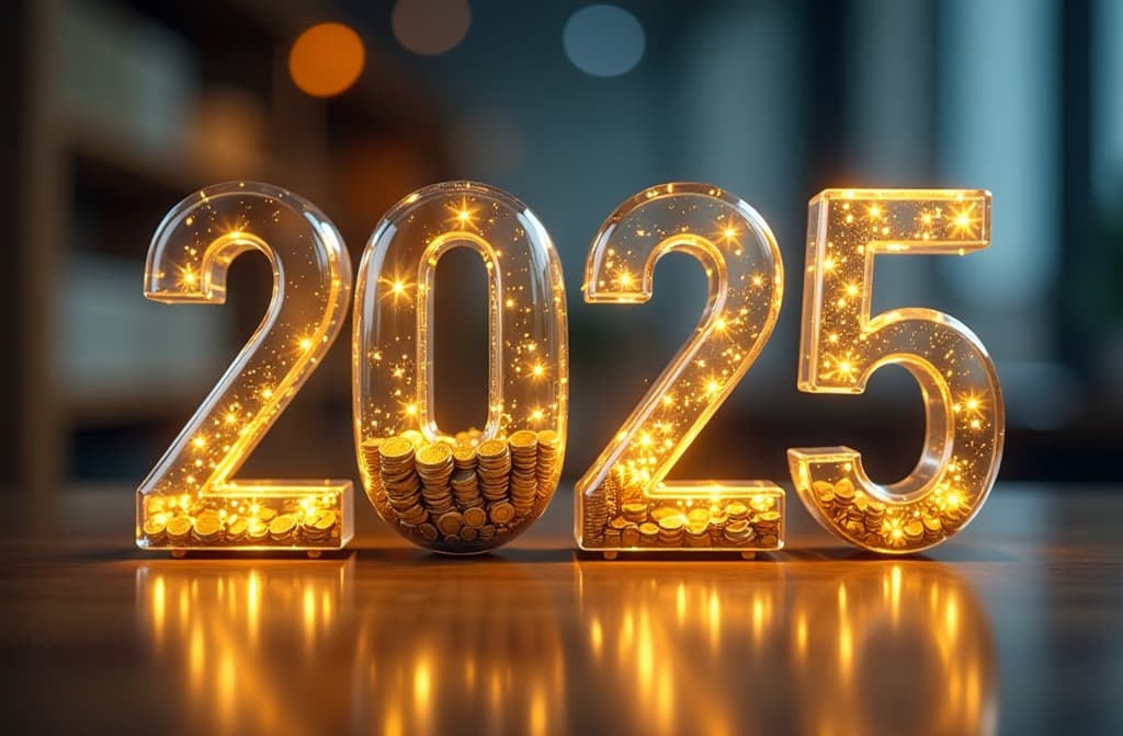  glowing transparent wide huge glass numbers "2025" half filled with a lot of golden coins, standing on the bank office table, blurred bank office on the background, finances lights glowing around {prompt}, maximum details