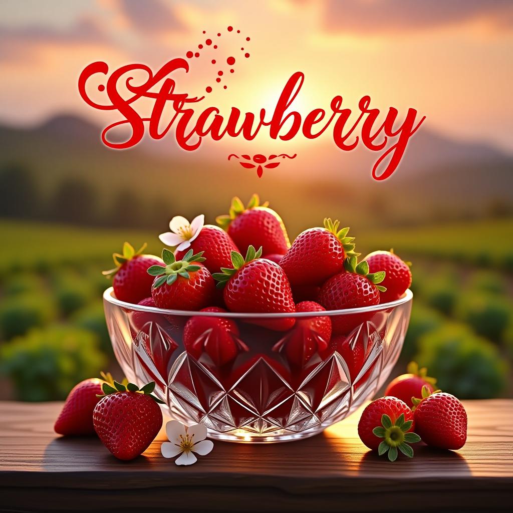  a tantalizing scene where a crystal bowl of ripe, glistening strawberries takes center stage, illuminated by soft, rosy light that accentuates their luscious red hues. the bowl is exquisitely crafted, its facets catching and refracting light like a prism. surrounding the bowl, delicate white strawberry blossoms and vibrant green leaves create a natural, garden fresh atmosphere. above the bowl, an exuberant splash of strawberry puree forms the word "strawberry" in an elegant, flowing script. the splash is so lifelike that individual seeds can be seen suspended in the ruby red liquid, creating a sense of motion frozen in time. in the background, rolling hills covered with neat rows of strawberry plants stretch out under a warm sunset sky, the